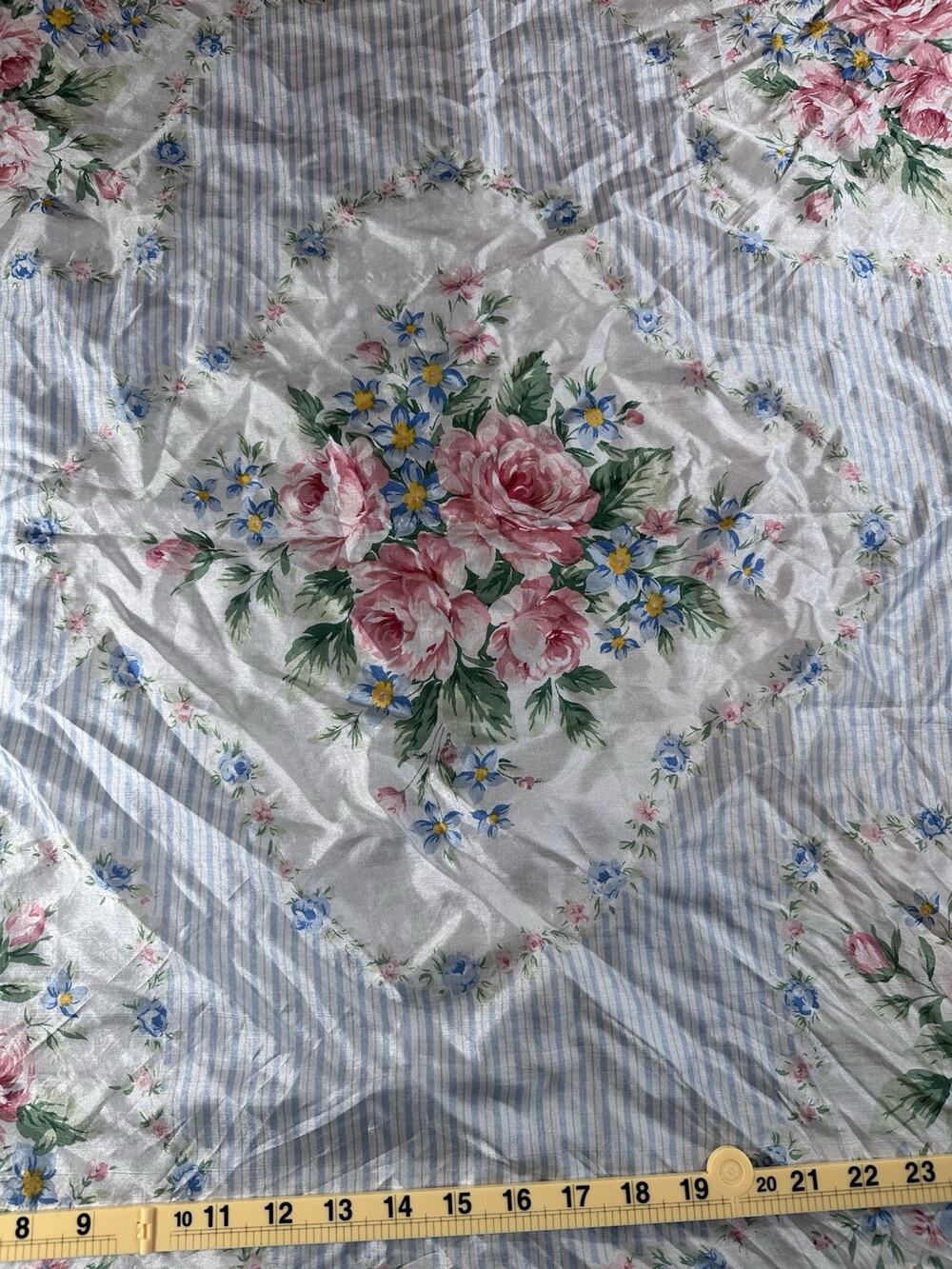 Avon scarf, cottage-core floral pattern, pink cabbage roses, light blue stripes